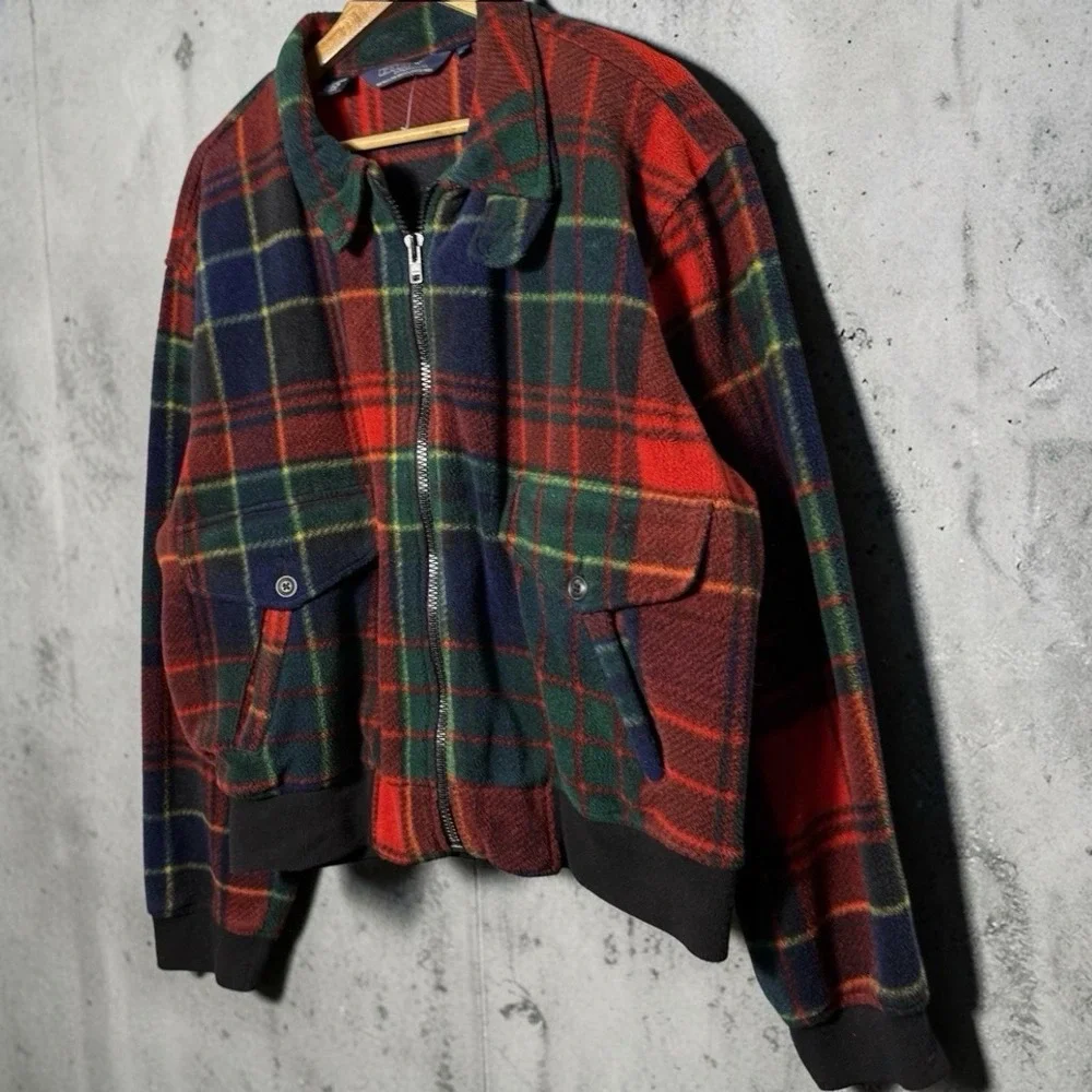 Vintage 90s Polo Ralph Lauren Tartan Plaid Fleece Bomber Jacket Mens L USA Made